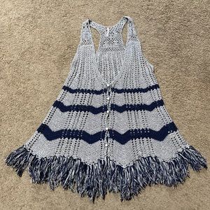 Free People Gray Blue Fringe Knit Silk/Linen Blend Vest Womens Size Large Button